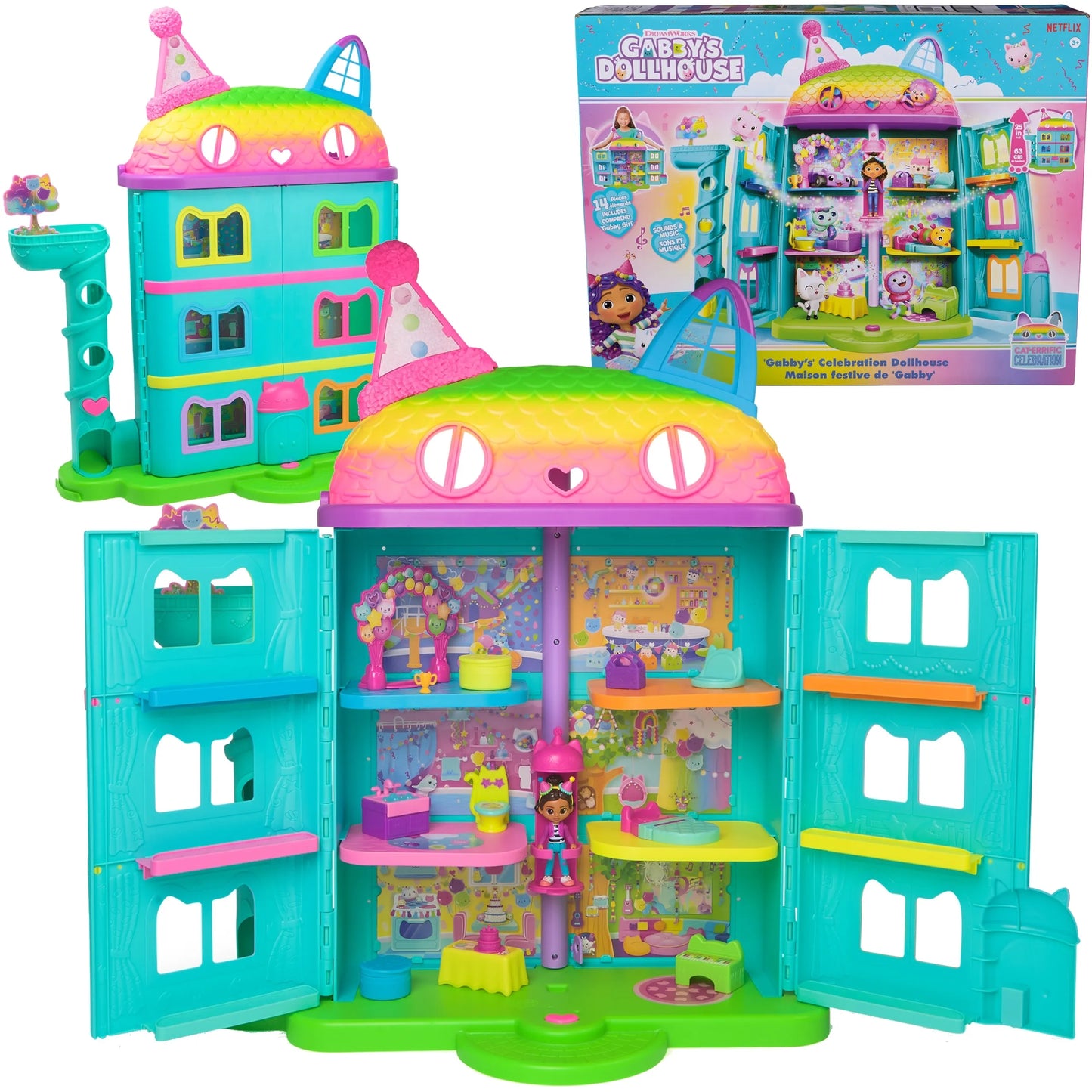 Gabby's Dollhouse didysis interaktyvus vaivorykštinis namas + lėlė Gabby su garsais 60 cm