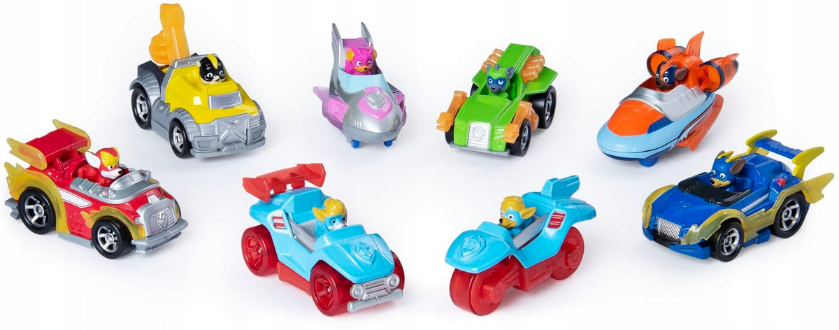 Šunų Patrulis – 8 Metalinių Automobiliukų Rinkinys Mighty Pups True Metal 7,5 cm + Dovana