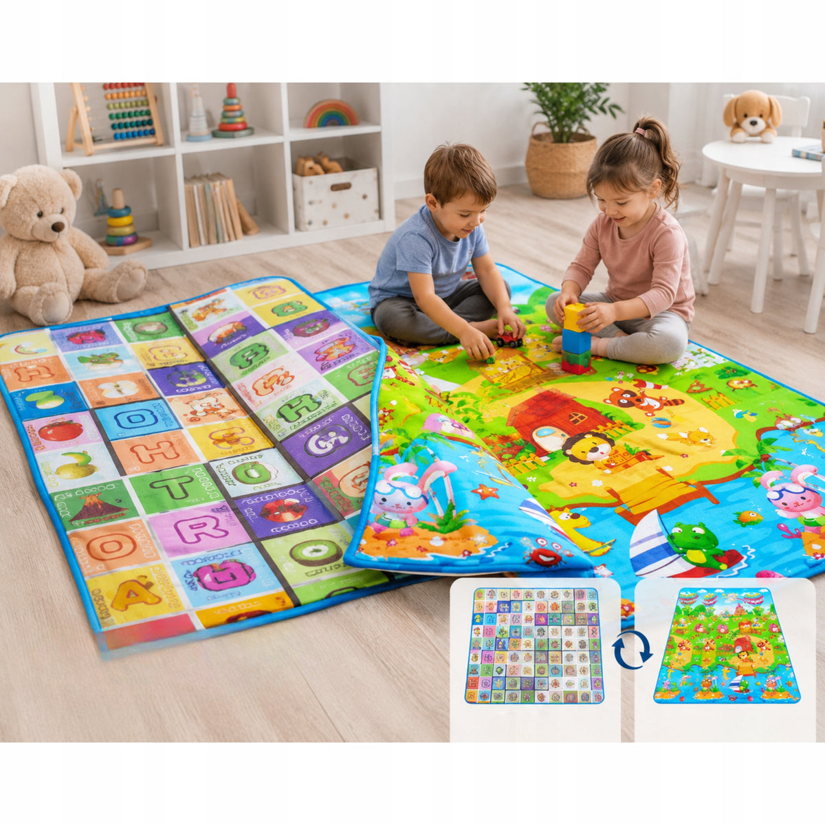 Dvipusis Edukacinis Kilimėlis Vaikams 180x200 cm su Abėcėle, Sulankstomas XL + Krepšys