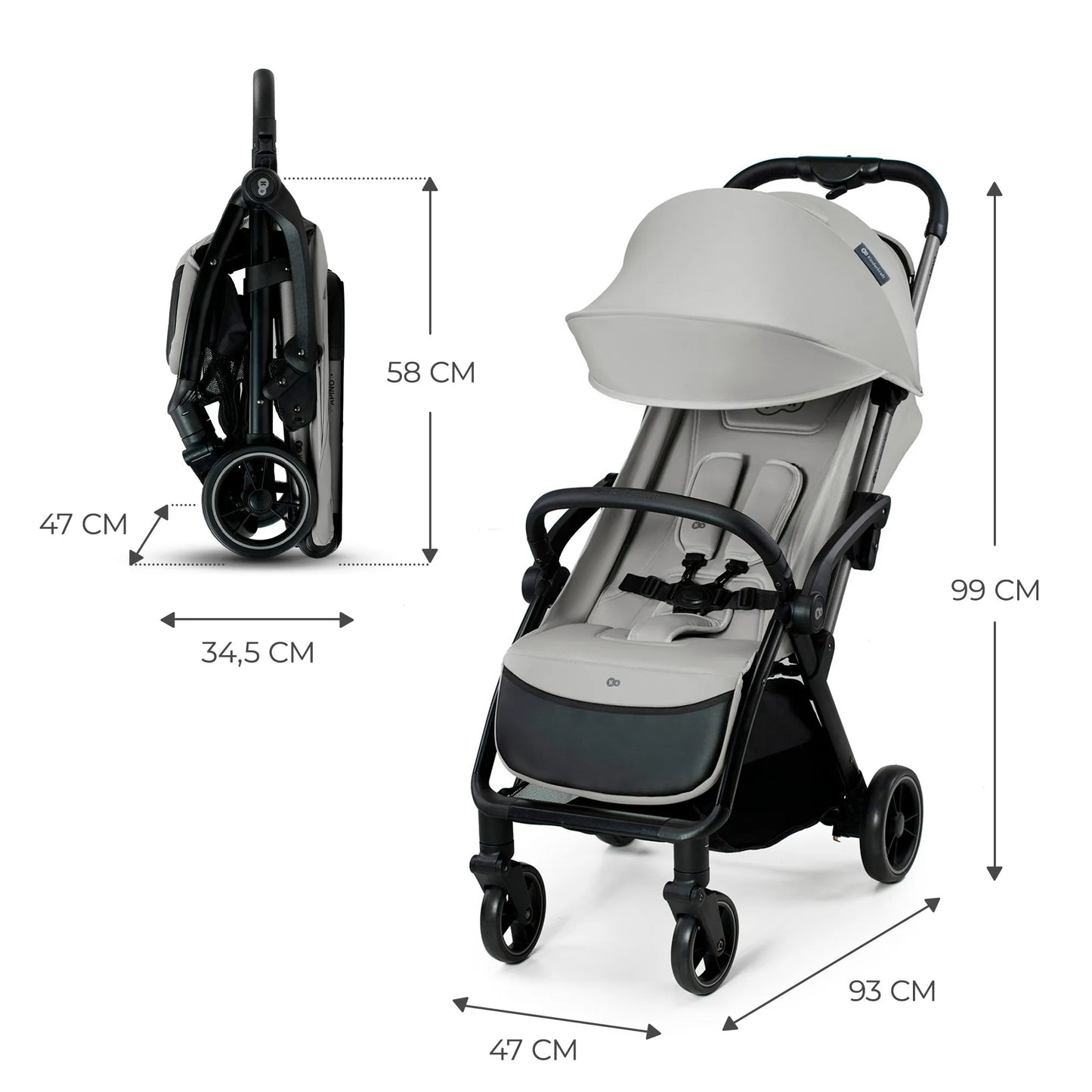 Kinderkraft APINO sportinis vežimėlis, 22 kg, lengvas, sulankstomas, pilkas