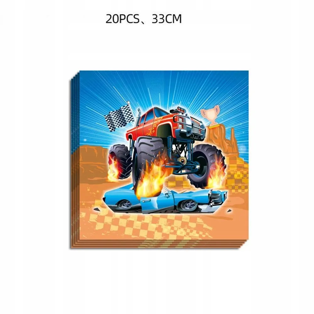 Monster Truck gimtadienio rinkinys 42 vnt. lėkštės, stiklinės, plakatas, staltiesė vakarėliui