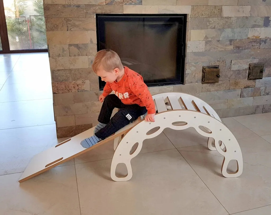 Montessori supynės 4 viename baltos spalvos + laipiojimo sienelė + pilka pagalvėlė Kids Helper