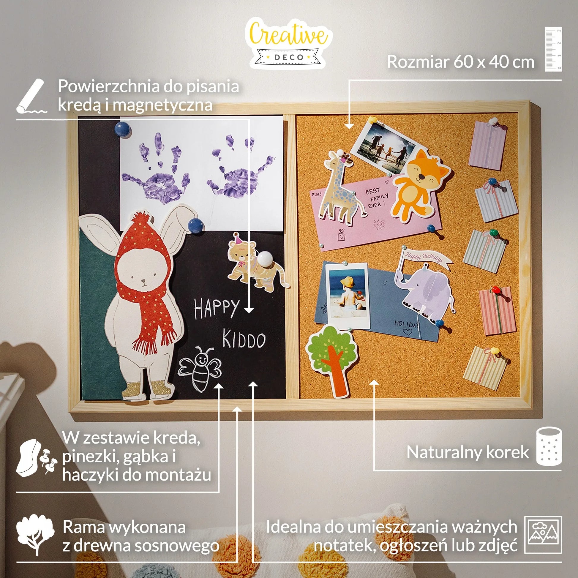 2in1 kamštinė kreidinė magnetinė lenta 60x40 ant sienos + smeigtukai magnetai