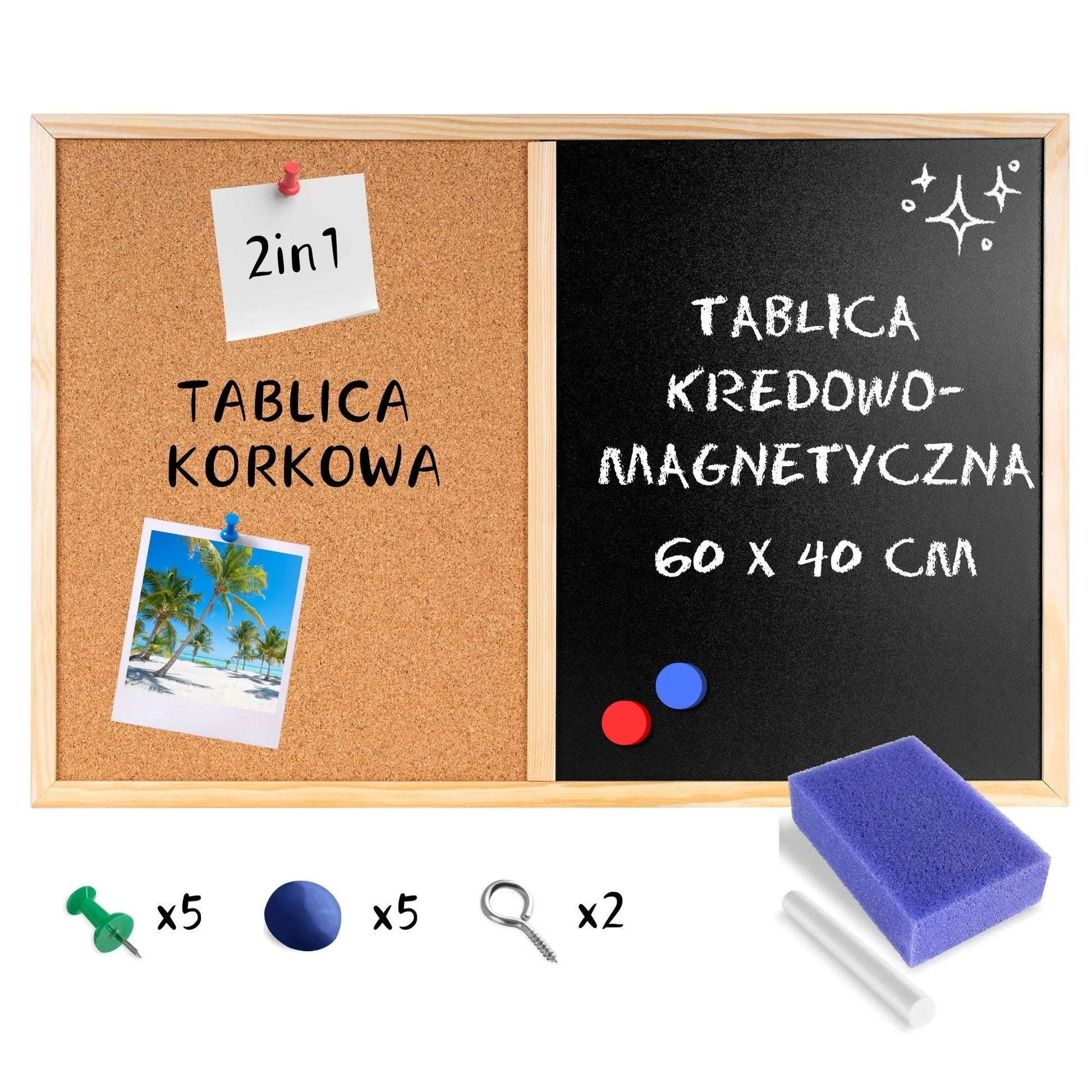 2in1 kamštinė kreidinė magnetinė lenta 60x40 ant sienos + smeigtukai magnetai
