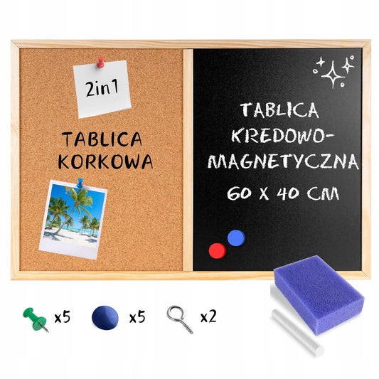 2in1 kamštinė kreidinė magnetinė lenta 60x40 ant sienos + smeigtukai magnetai