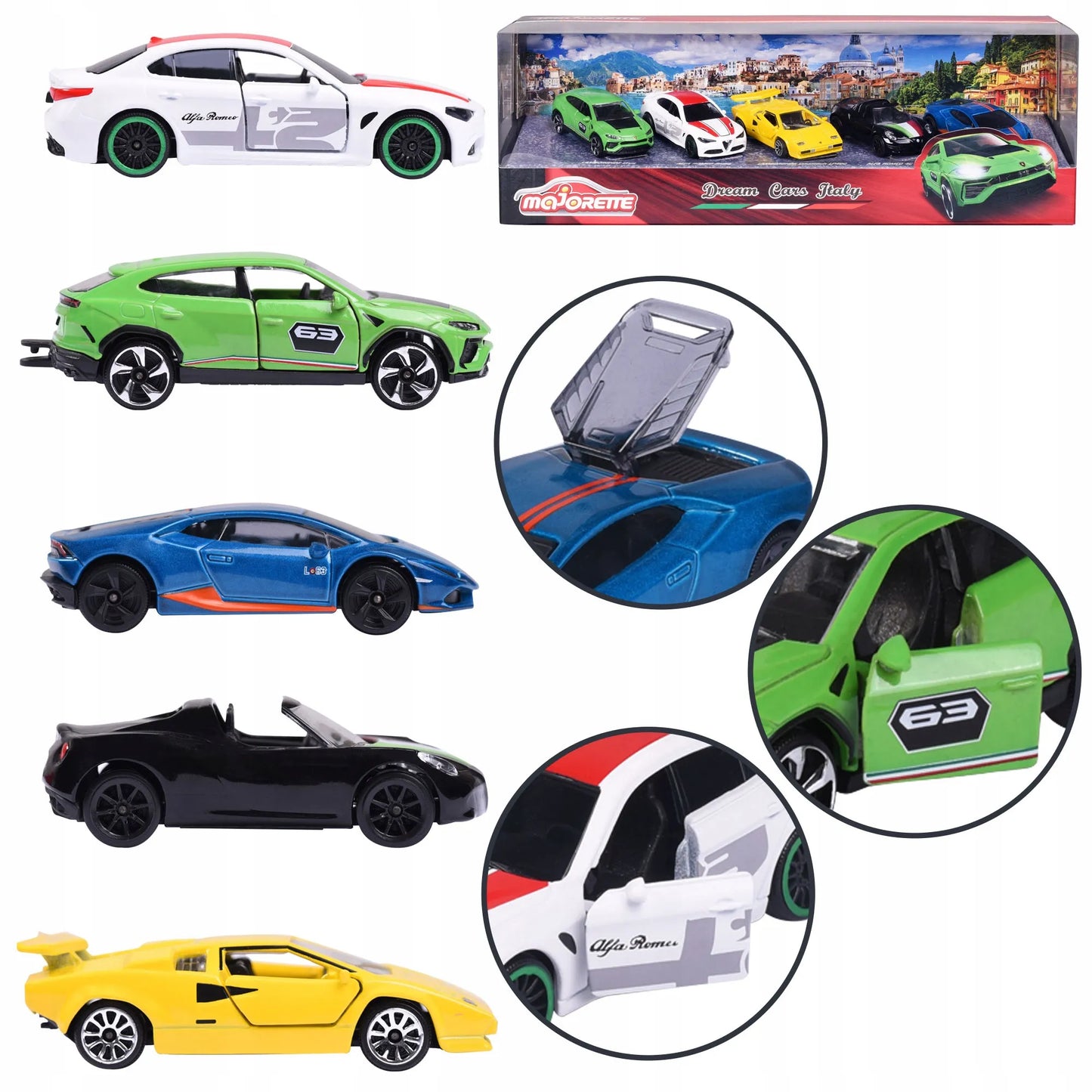 5 metalinių automobilių rinkinys itališki sportiniai automobiliai Majorette