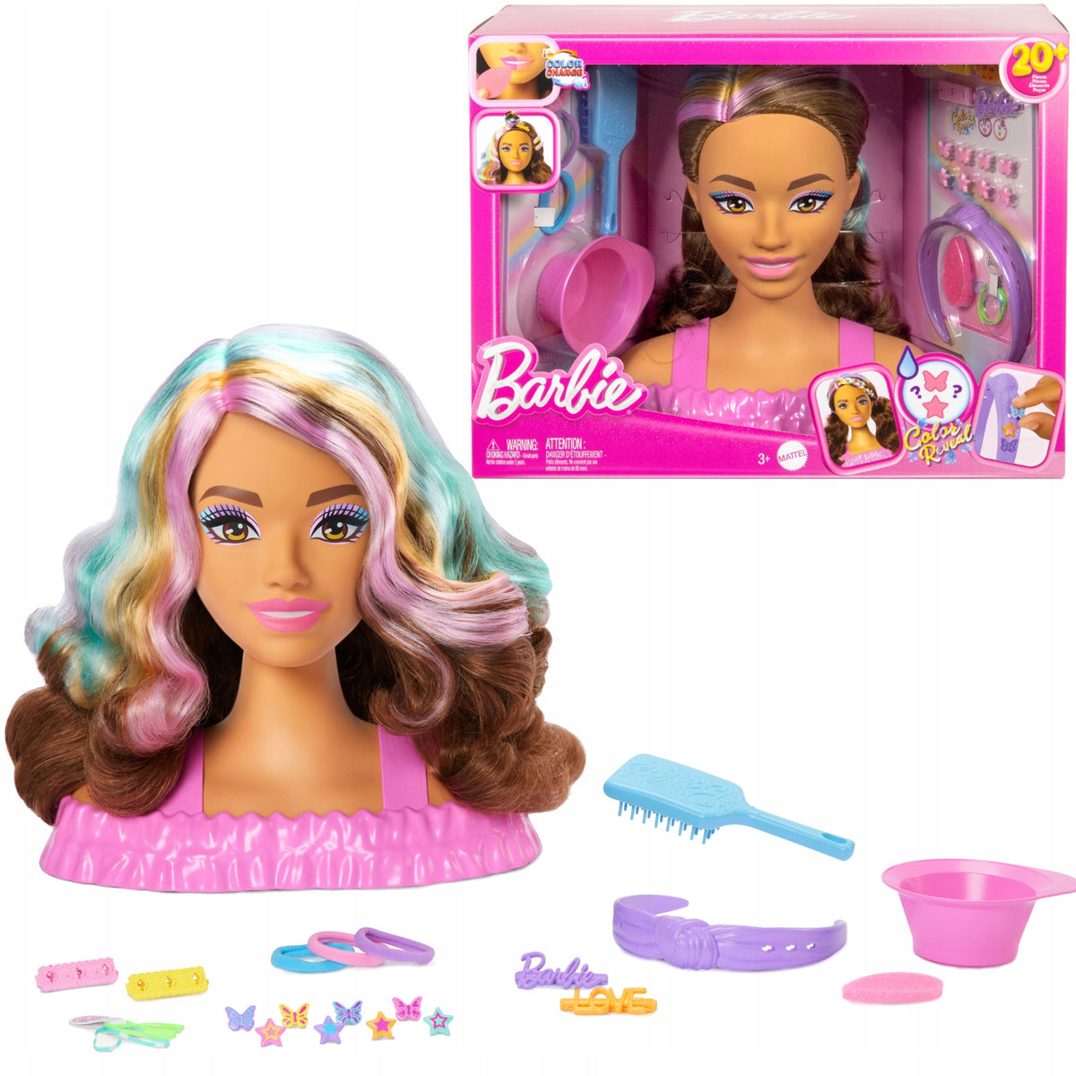 Barbie Lėlės Galva Šukuosenoms Kurti – Rudi Plaukai, Color Reveal Efektas