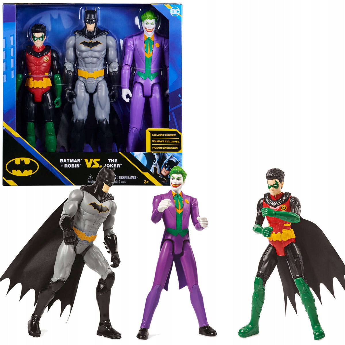 Betmeno Rinkinys 3in1 DC Comics – Didelės 30 cm Figūrėlės: Betmenas, Robinas, Džokeris