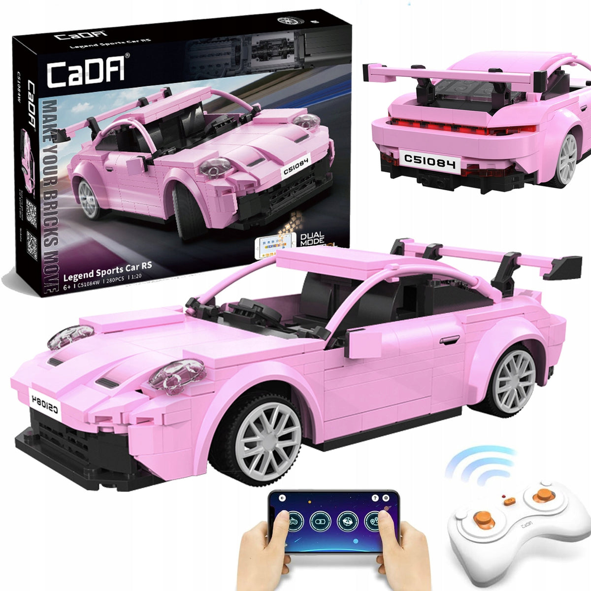 CaDA Konstrukcinių Kaladelių Automobilis Legend Sports Car RS – Rožinis, Nuotoliniu Būdu Valdomas RC Modelis, 280 Detalių