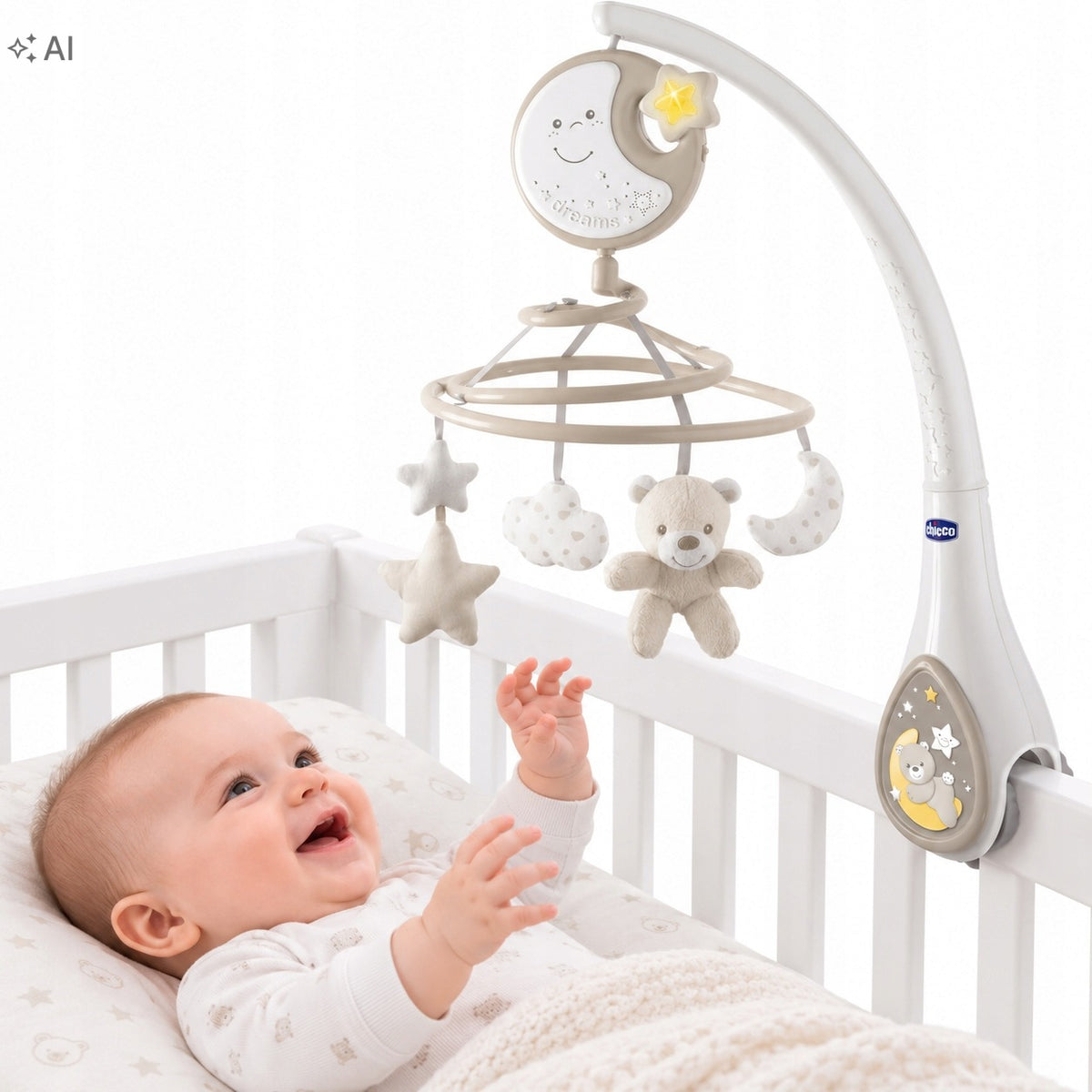 Chicco Next2Dreams Next2Me Karuzelė Lovytei – Šviesa, Muzika Ir Baltas Triukšmas, Smėlio Spalvos