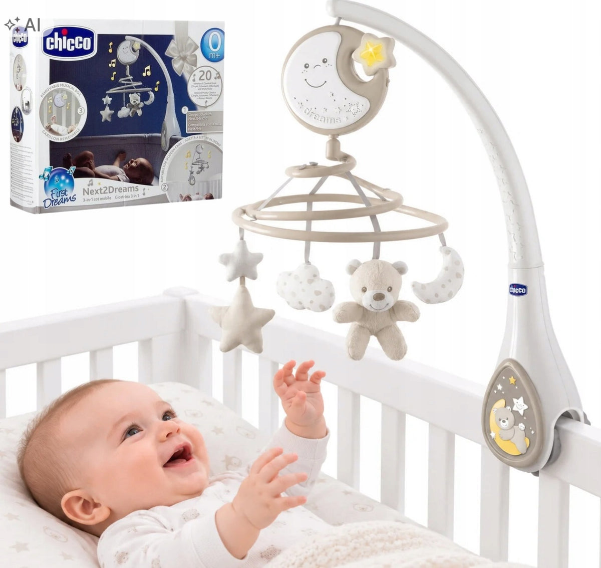 Chicco Next2Dreams Next2Me Karuzelė Lovytei – Šviesa, Muzika Ir Baltas Triukšmas, Smėlio Spalvos