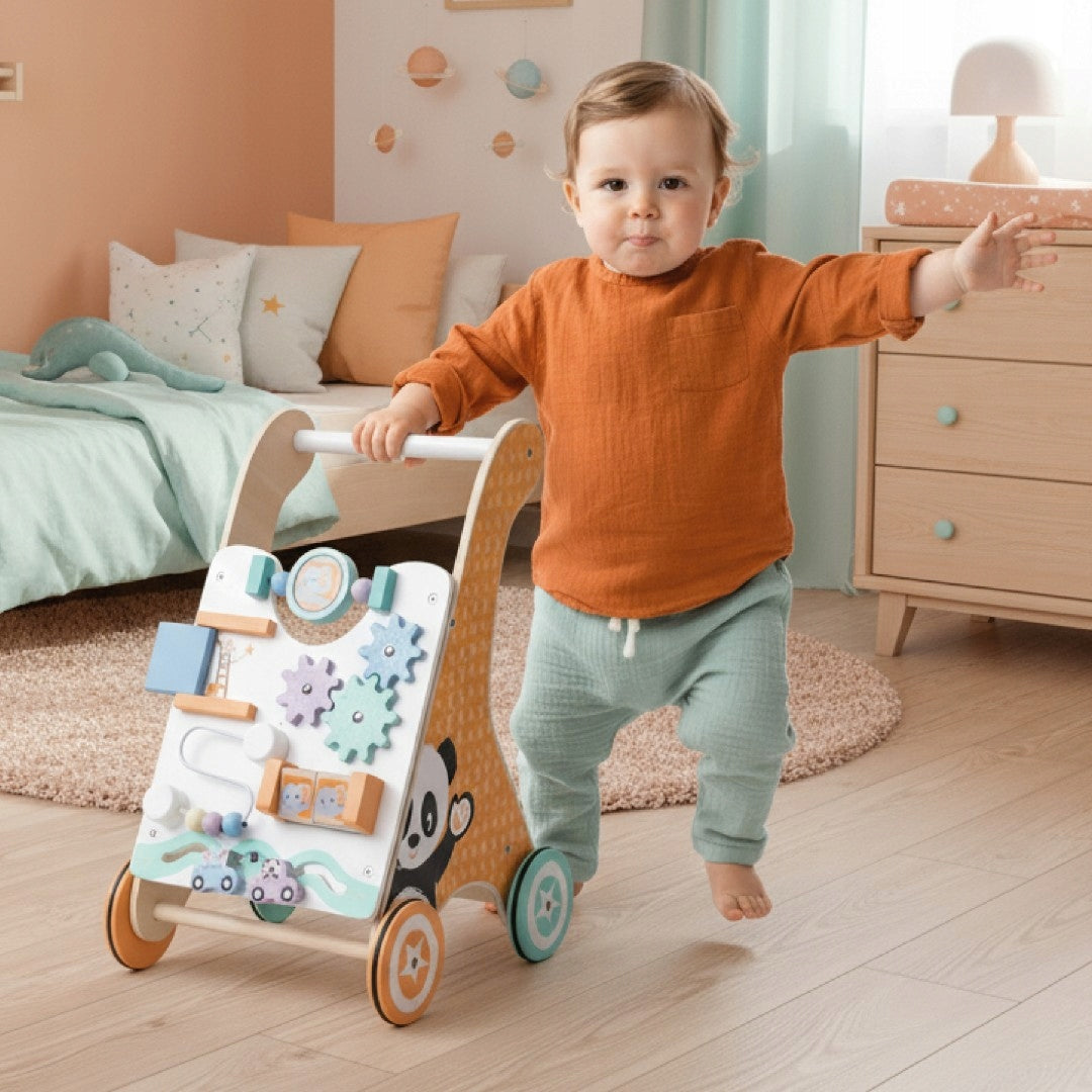 Medinis Vaikiškas Stumdukas-vaikštynė 2in1 su Edukacine Lentele – Sun Baby