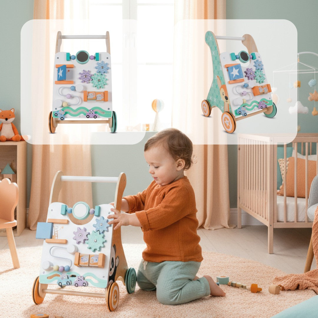 Medinis Vaikiškas Stumdukas-vaikštynė 2in1 su Edukacine Lentele – Sun Baby