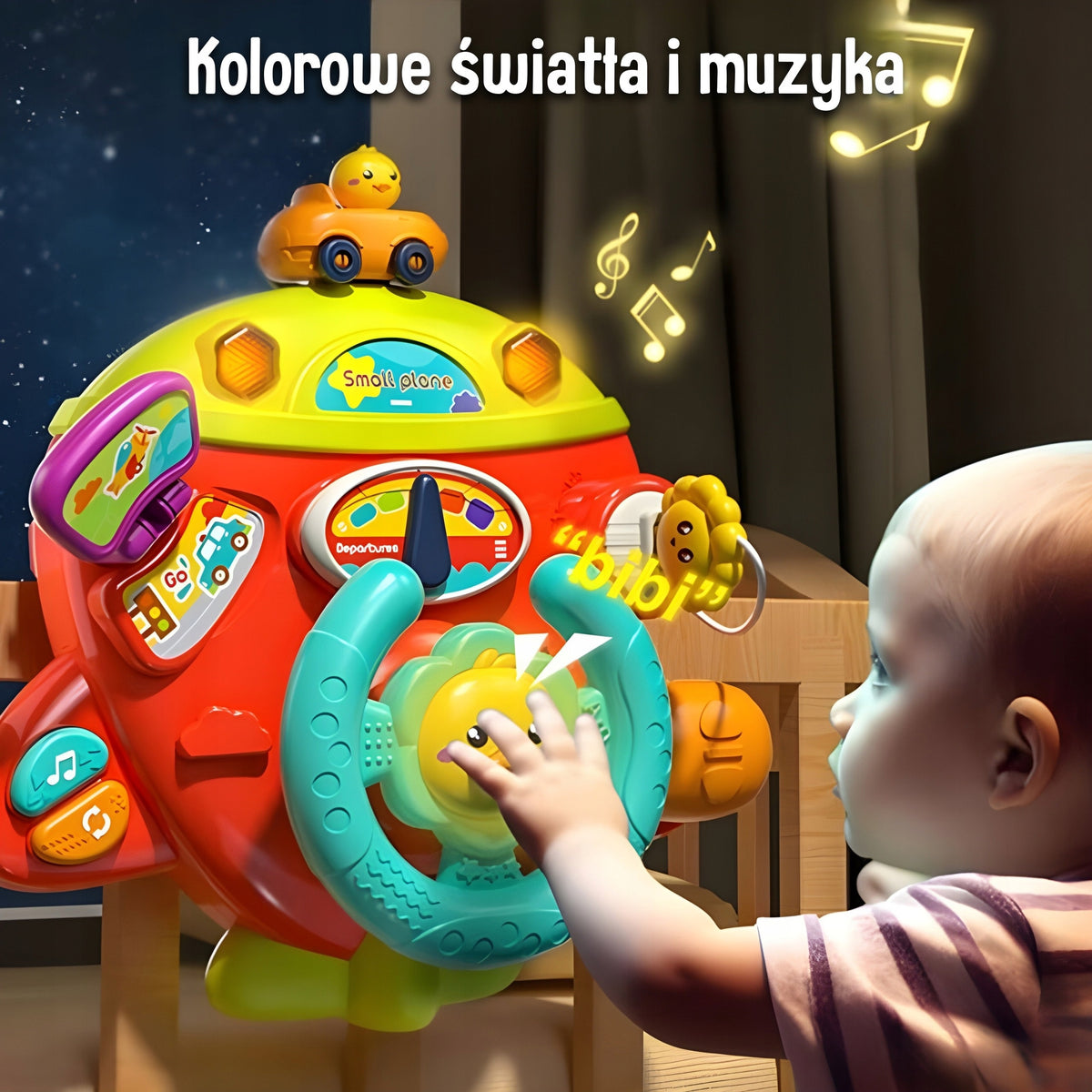 Interaktyvus vairas lėktuvas vežimėliui ir lovytei su efektais, 18 mėn.+