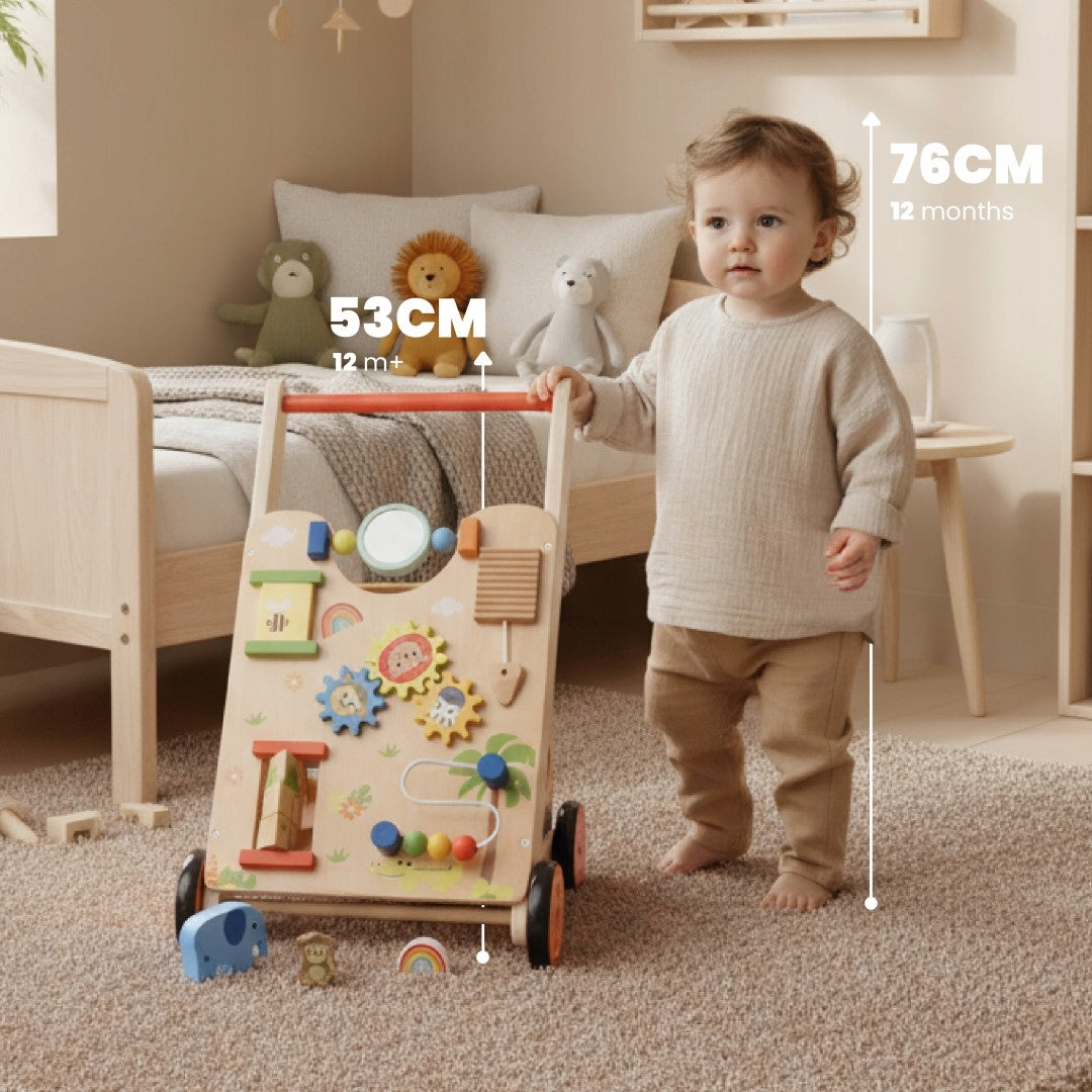 Medinė Vaikiška Vaikštynė-Stumdukas 2in1 XXL su Užduočių Lentele ir Formų Rūšiuotuvu – Sun Baby