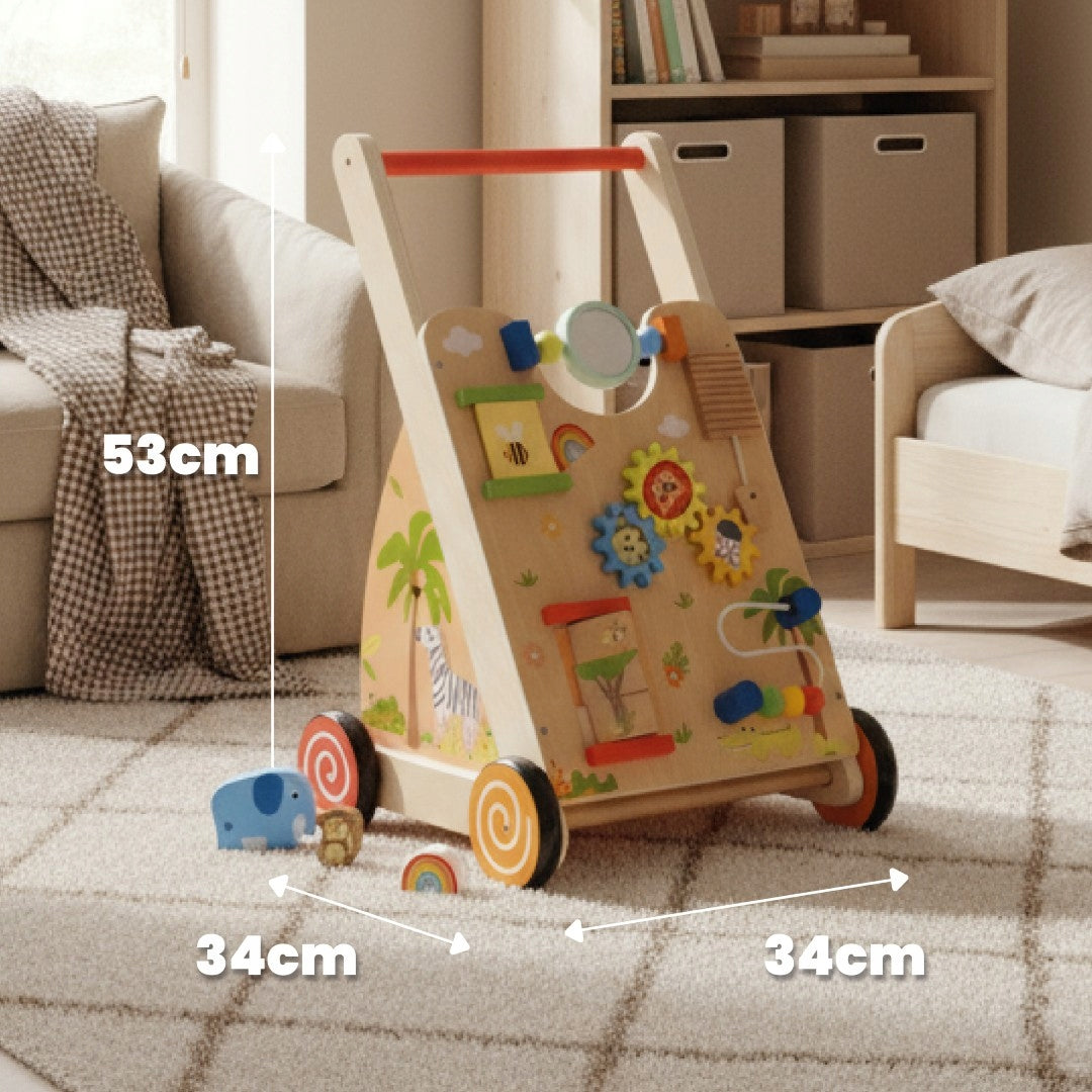 Medinė Vaikiška Vaikštynė-Stumdukas 2in1 XXL su Užduočių Lentele ir Formų Rūšiuotuvu – Sun Baby