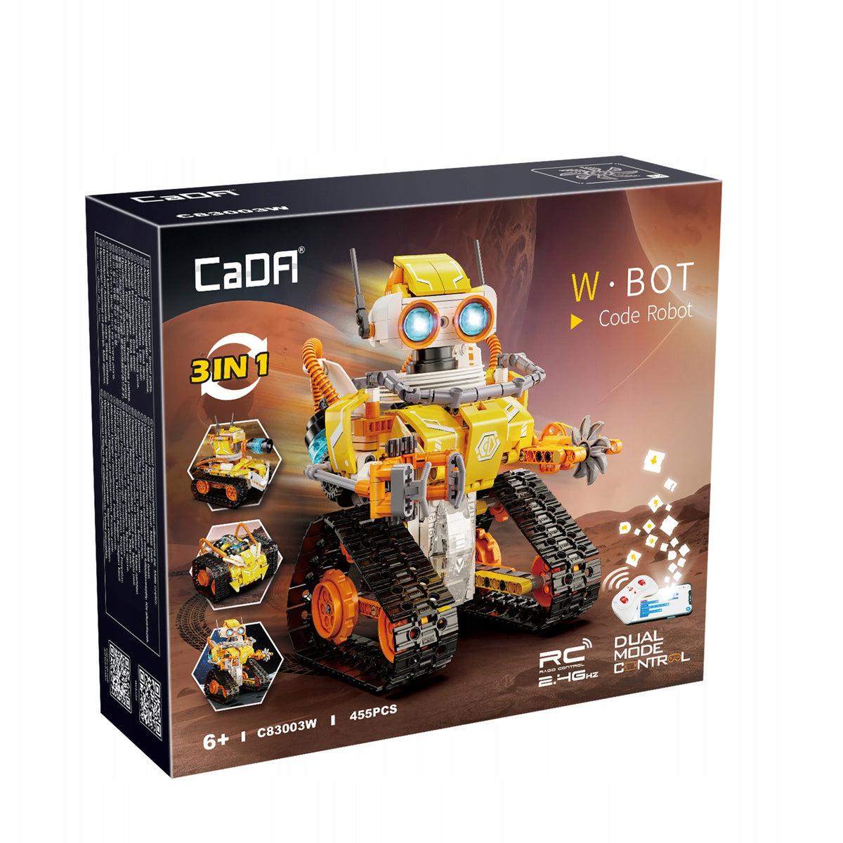 CaDA W.Bot Robotas 3in1 – Programuojamas, Nuotoliniu Būdu Valdomas Konstruktorius su LED, 455 Detalės