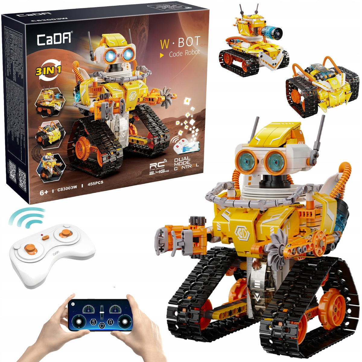 CaDA W.Bot Robotas 3in1 – Programuojamas, Nuotoliniu Būdu Valdomas Konstruktorius su LED, 455 Detalės