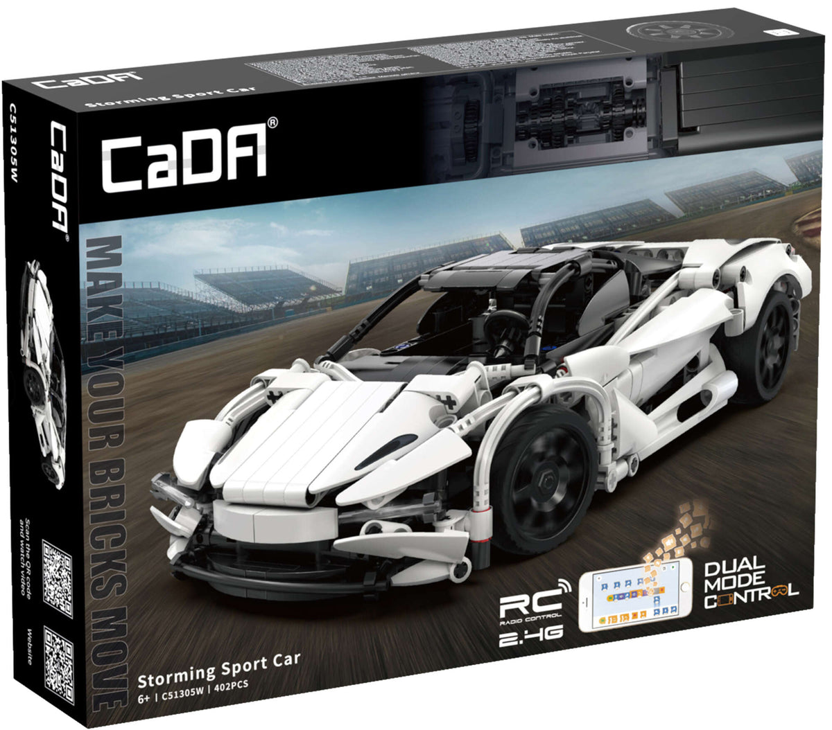 CaDA Konstruktorius – Nuotoliniu Būdu Valdomas Sportinis Automobilis „Storming Sport Car“, 30 cm, 402 Detalės, Dual Mode