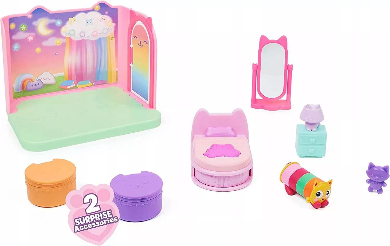 Gabby's Dollhouse miegamojo kambario rinkinys su Miękicia figūrėle, lova ir priedais