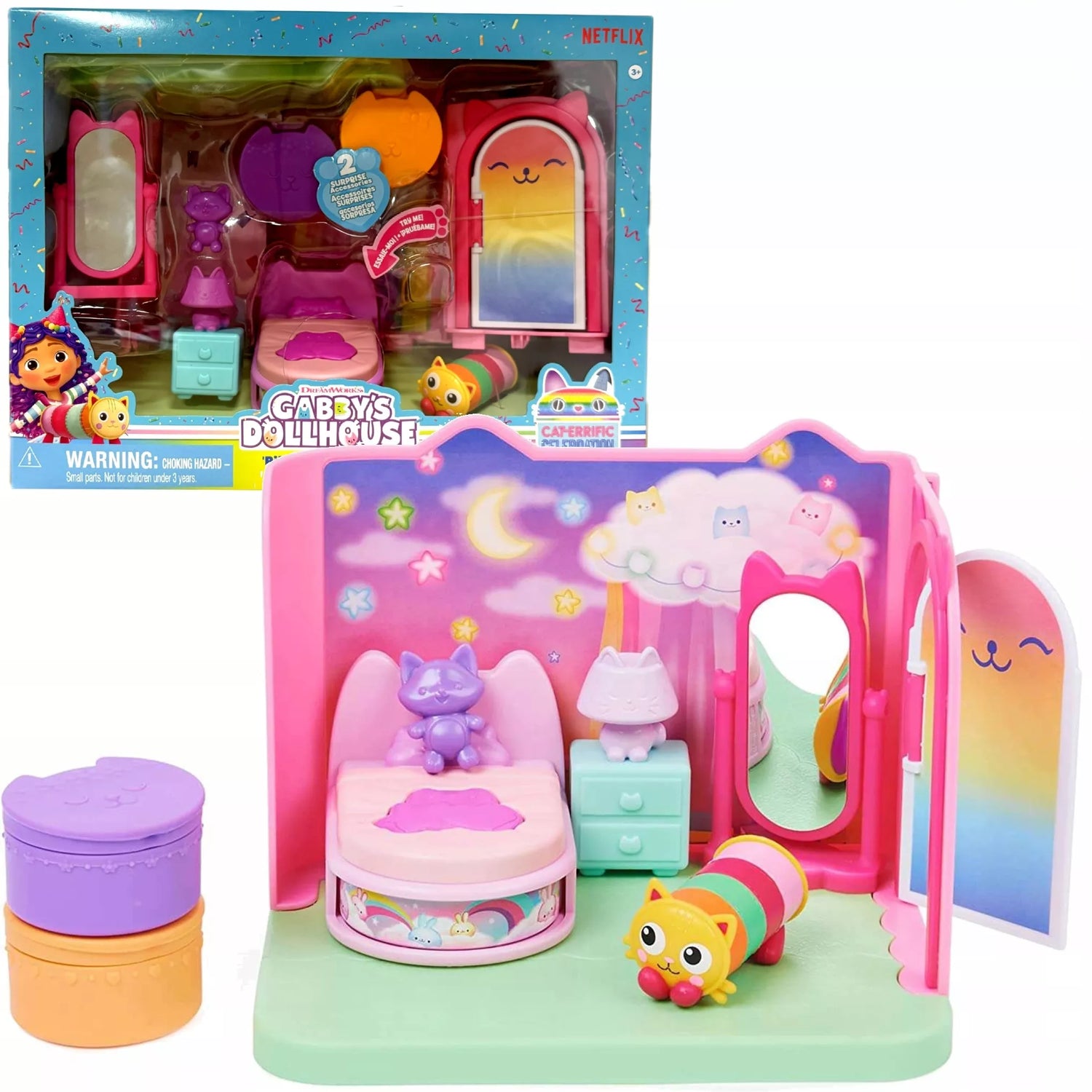 Gabby's Dollhouse miegamojo kambario rinkinys su Miękicia figūrėle, lova ir priedais