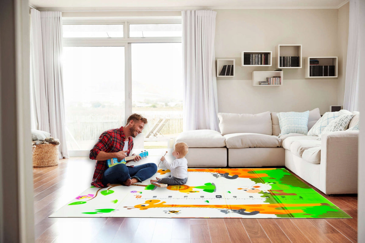 Dvipusis Sulankstomas Putų Kilimėlis Kūdikiams 180x120 cm su Liniuote – Žirafos ir Meškiukai