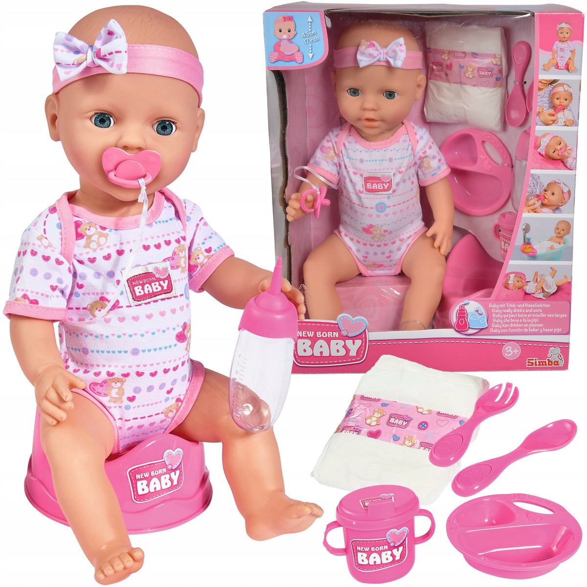 New Born Baby Lėlė – Funkcinis Kūdikis su Naktipuodžiu, Buteliuku ir Priedais, 43 cm