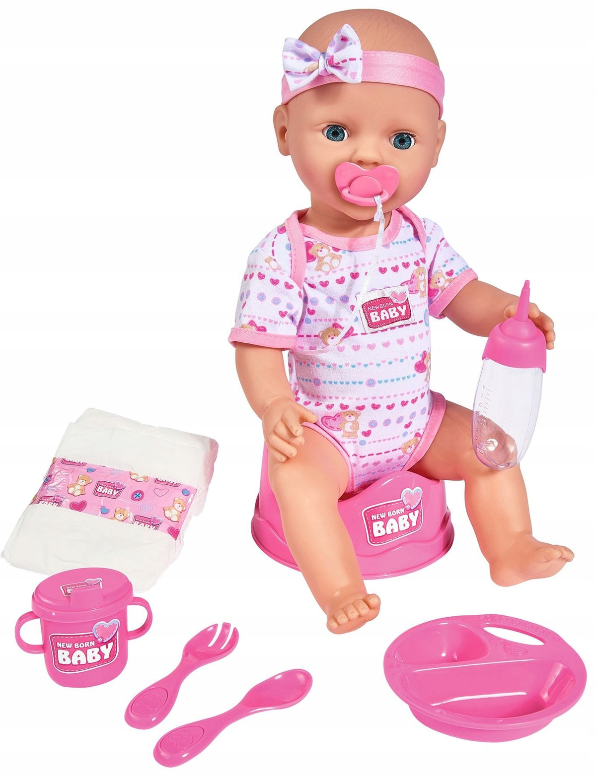 New Born Baby Lėlė – Funkcinis Kūdikis su Naktipuodžiu, Buteliuku ir Priedais, 43 cm