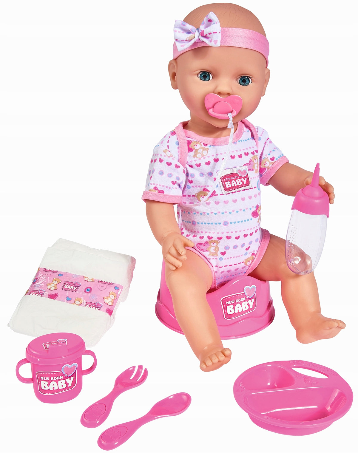 New Born Baby Lėlė – Funkcinis Kūdikis su Naktipuodžiu, Buteliuku ir Priedais, 43 cm