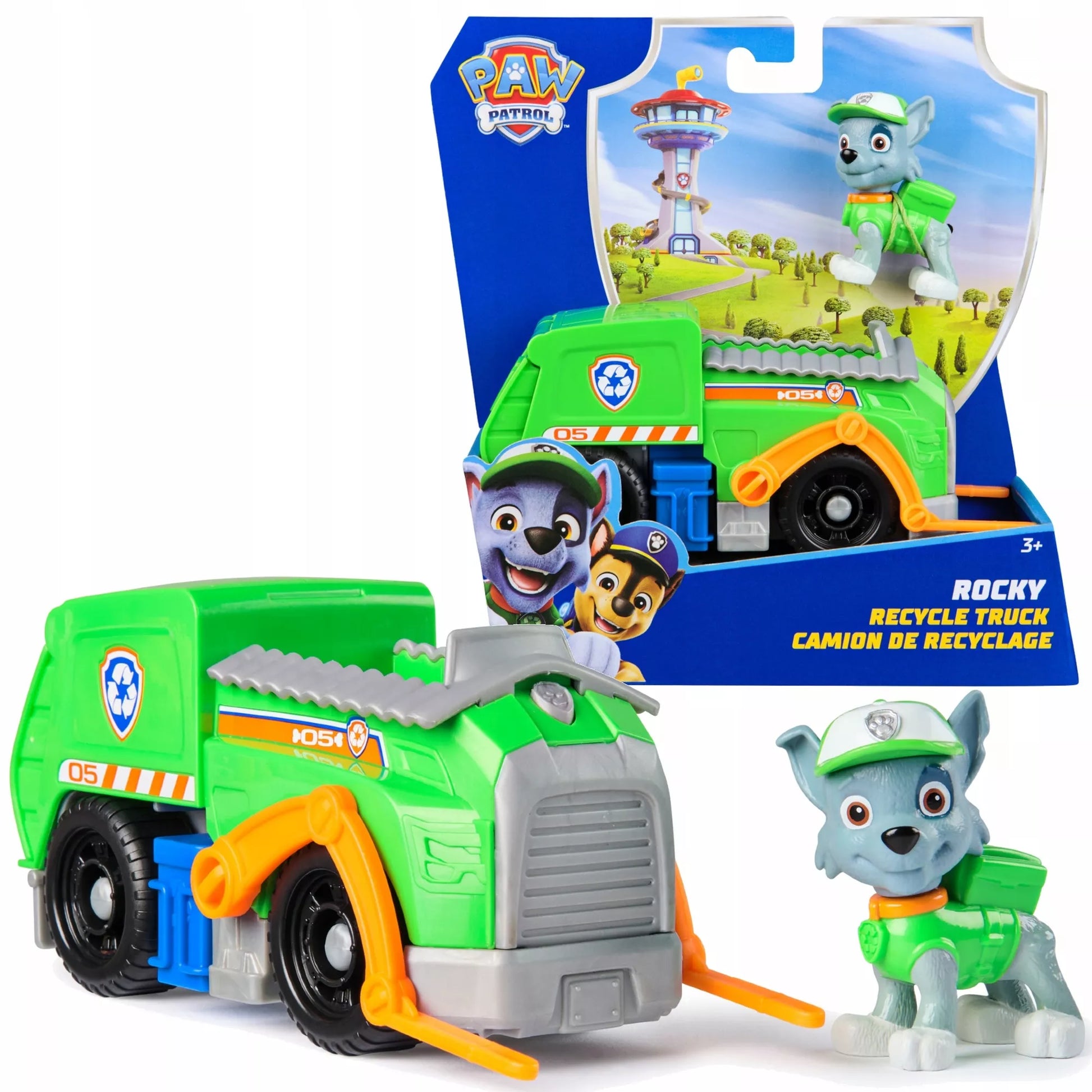 PAW PATROL ROCKY FIGŪRĖLĖ IR 2-VIENAME TRANSFORMUOJAMAS ŠIUKŠLIAVEŽIS