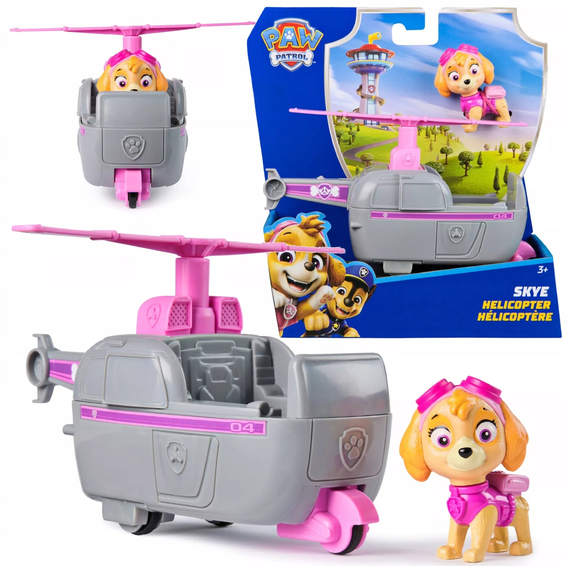 PAW PATROL SKYE SRAIGTASPARNIS GELBĖJIMO TRANSPORTO PRIEMONĖ + ŠUNIUKO FIGŪRĖLĖ