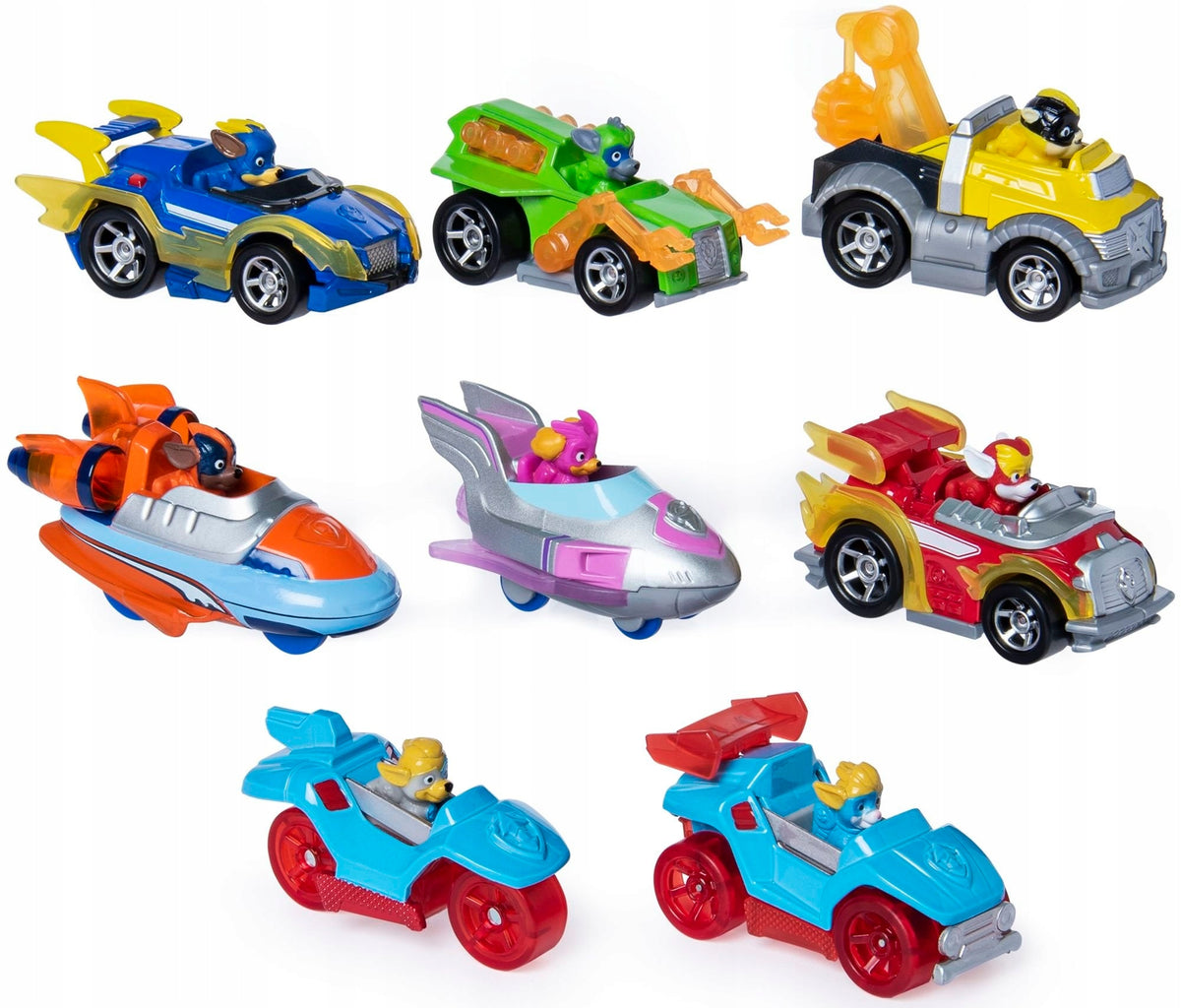 Šunų Patrulis – 8 Metalinių Automobiliukų Rinkinys Mighty Pups True Metal 7,5 cm + Dovana