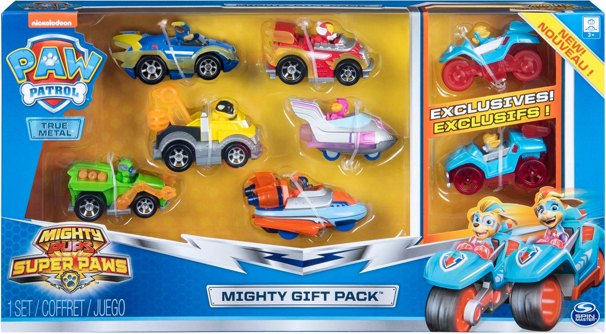 Šunų Patrulis – 8 Metalinių Automobiliukų Rinkinys Mighty Pups True Metal 7,5 cm + Dovana