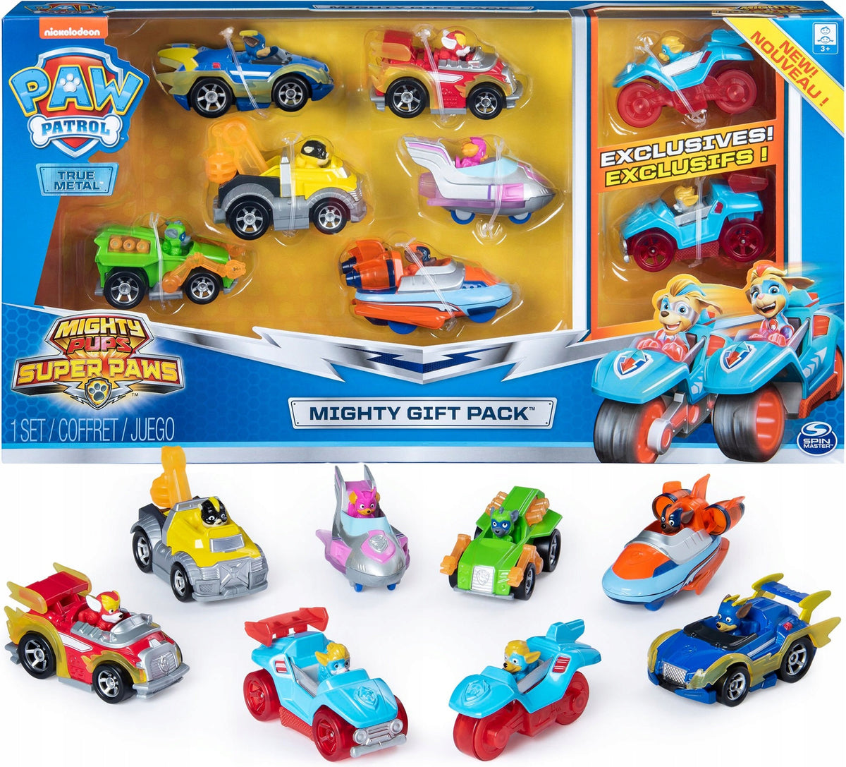 Šunų Patrulis – 8 Metalinių Automobiliukų Rinkinys Mighty Pups True Metal 7,5 cm + Dovana