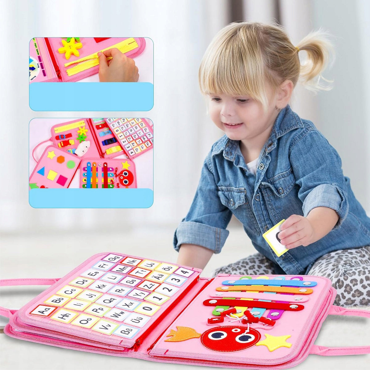 Montessori Sensorinė Lavinimo Lenta su Laikrodžiu – Sulankstoma Knygelė Mergaitėms