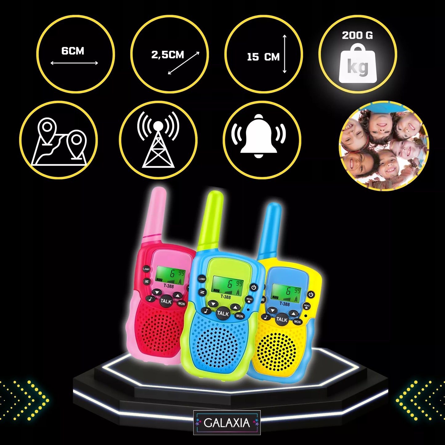 WALKIE TALKIE VAIKAMS 3VNT. Radijo stotelės, didelio nuotolio rinkinys