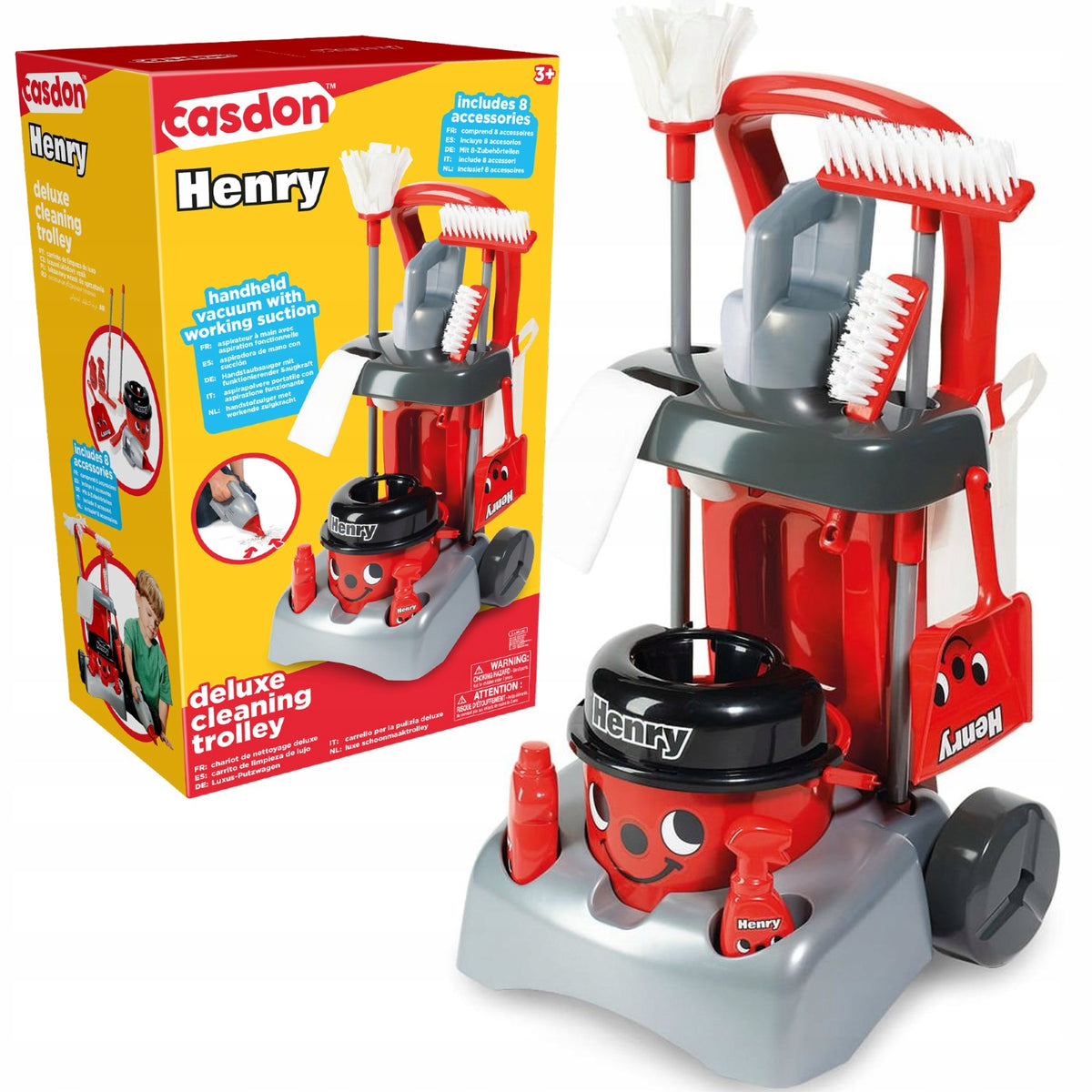 Valymo Vežimėlis Casdon su Dulkių Siurbliu Henry, Šluosta ir Kibiru – 52 cm Rinkinys