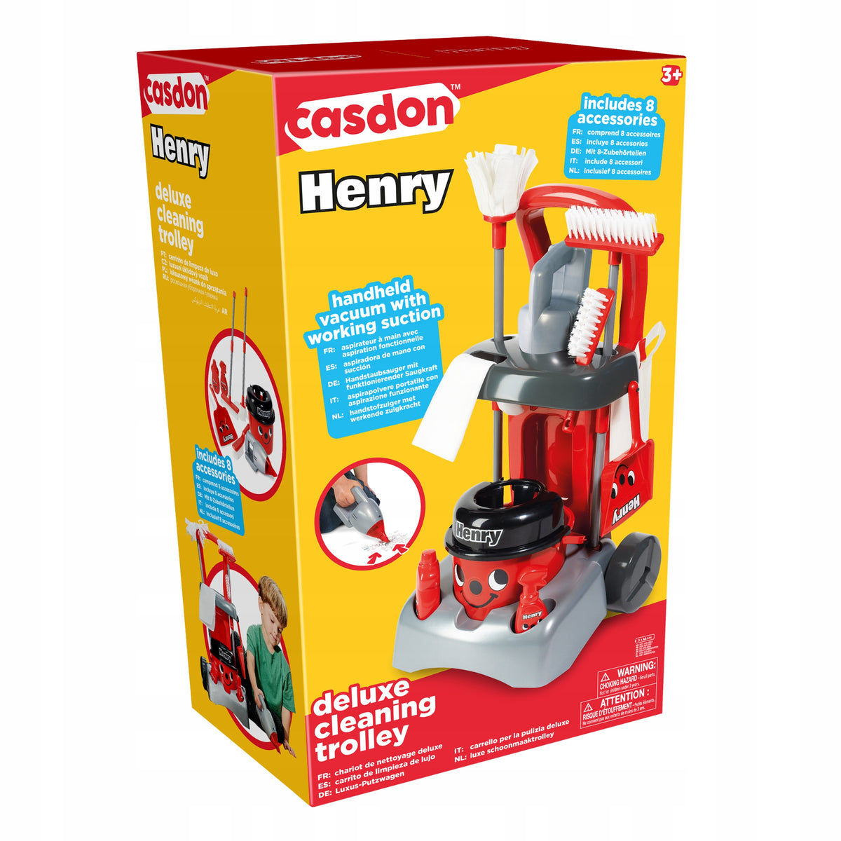 Valymo Vežimėlis Casdon su Dulkių Siurbliu Henry, Šluosta ir Kibiru – 52 cm Rinkinys