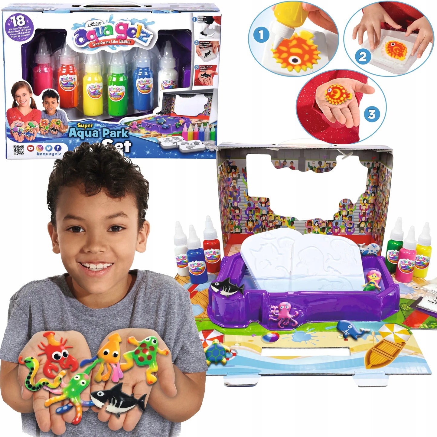 AQUA GELZ didelis kūrybinis rinkinys „Aqua Park“ 3D figūrėlės, 6 geliai + priedai