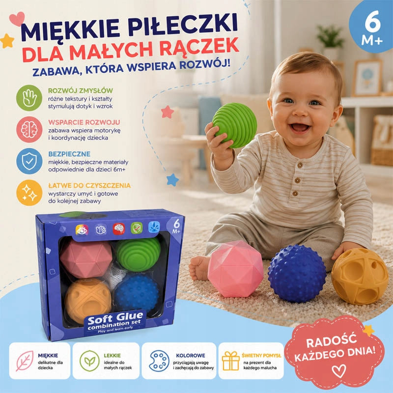Sensoriniai silikoniniai kamuoliukai-kaladėlės su veideliais, 9 vnt. – minkštas žaislas kūdikiams