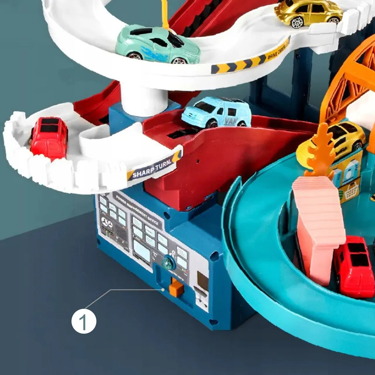 Čiuožykla, geležinkelis, lenktynių trasa, stovėjimo aikštelė, 4 automobiliai, elektrinis liftas, dinozauras