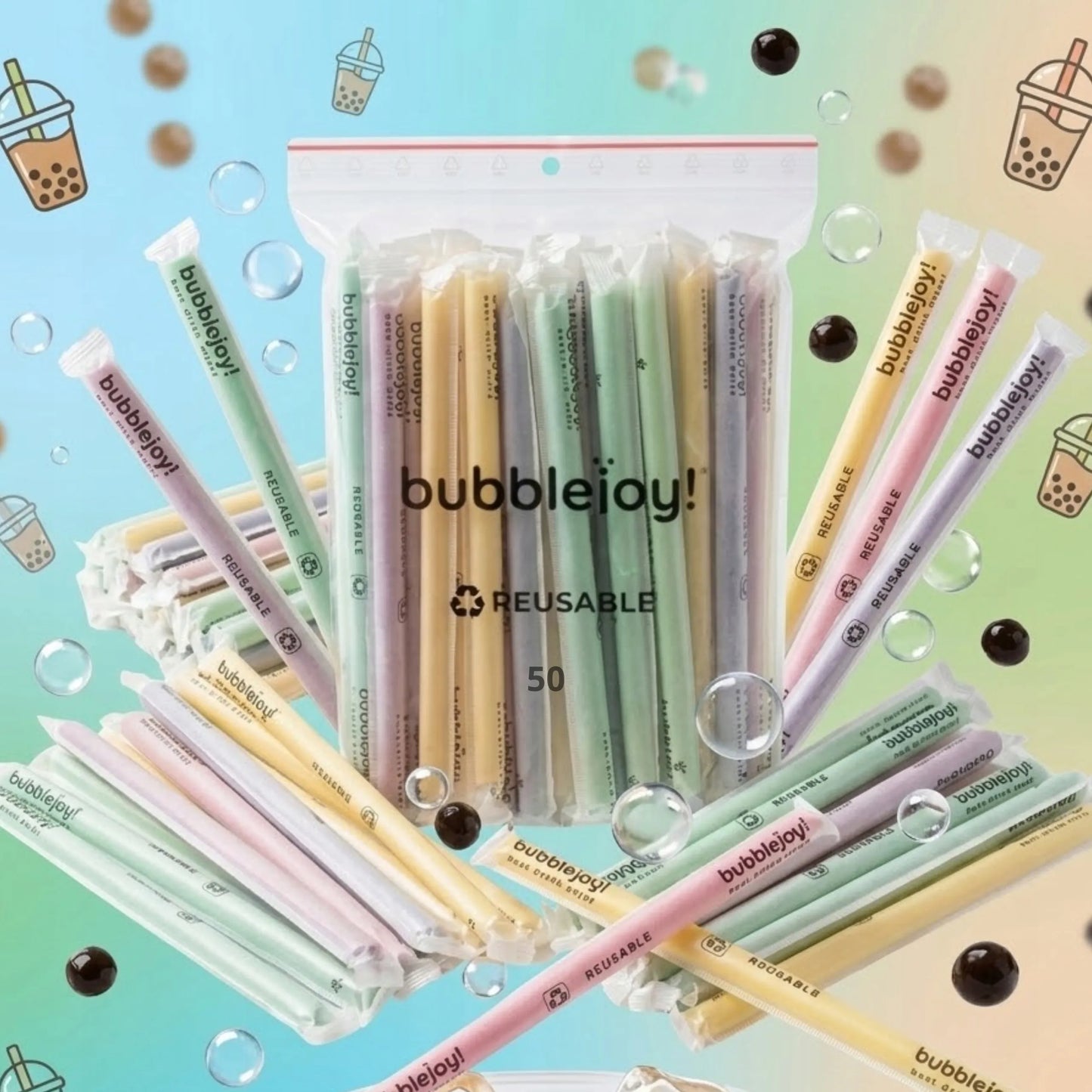 Daugkartinio naudojimo vaivorykštiniai šiaudeliai „Bubble Tea“, ekologiškas rinkinys 2x 50 vnt.
