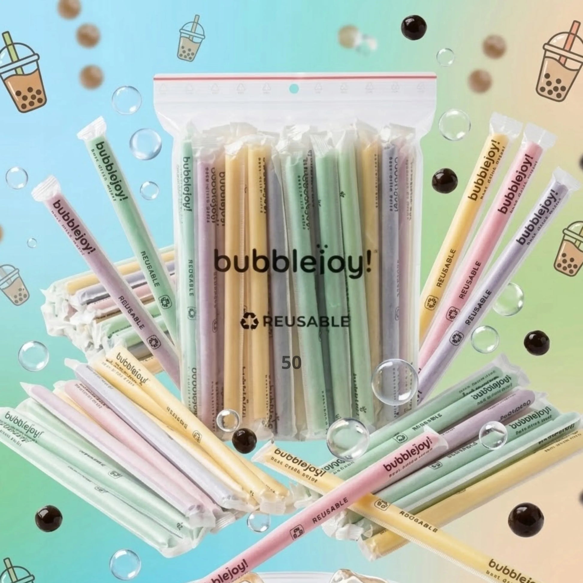Daugkartinio naudojimo vaivorykštiniai šiaudeliai „Bubble Tea“, ekologiškas rinkinys 2x 50 vnt.