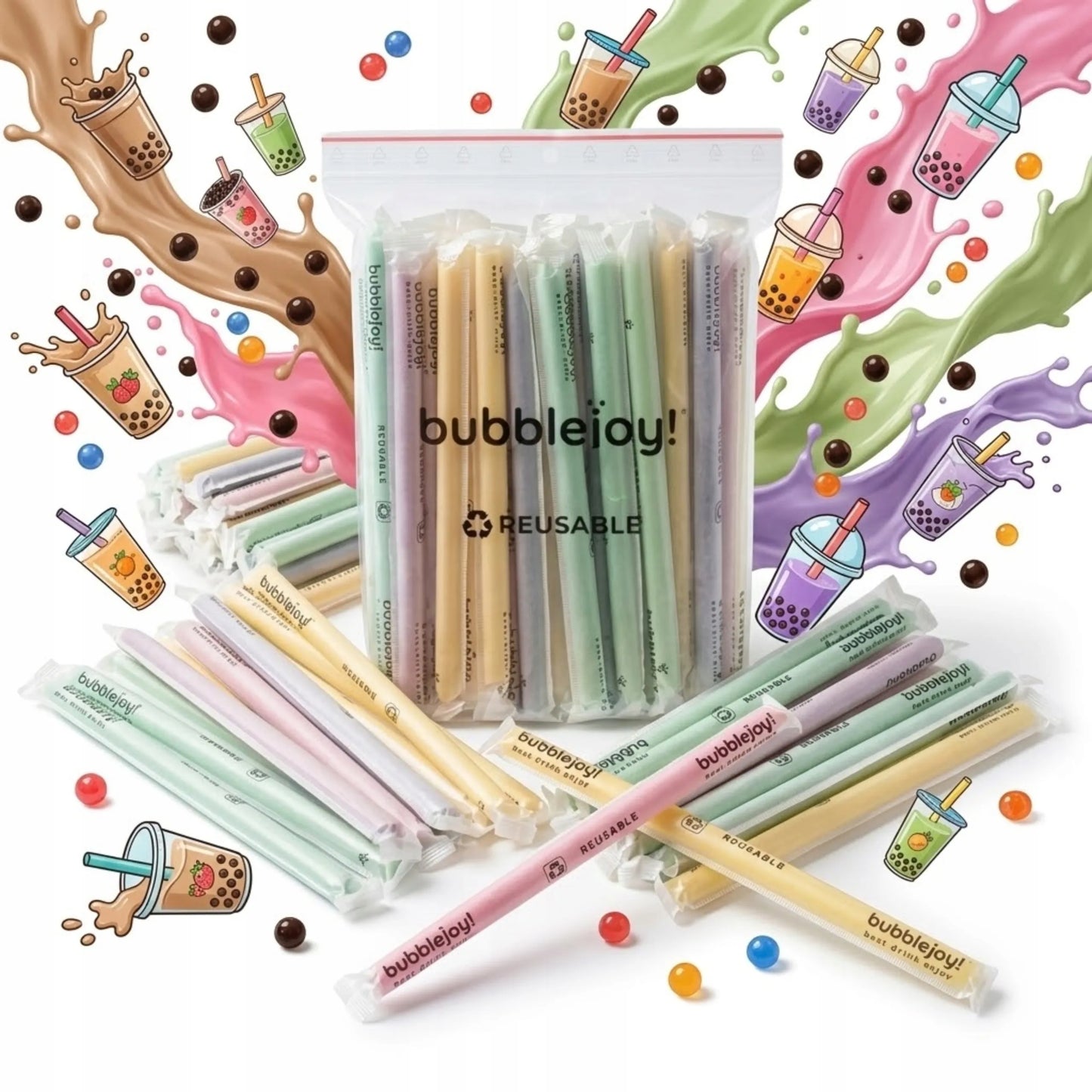 Daugkartinio naudojimo vaivorykštiniai šiaudeliai „Bubble Tea“, ekologiškas rinkinys 2x 50 vnt.