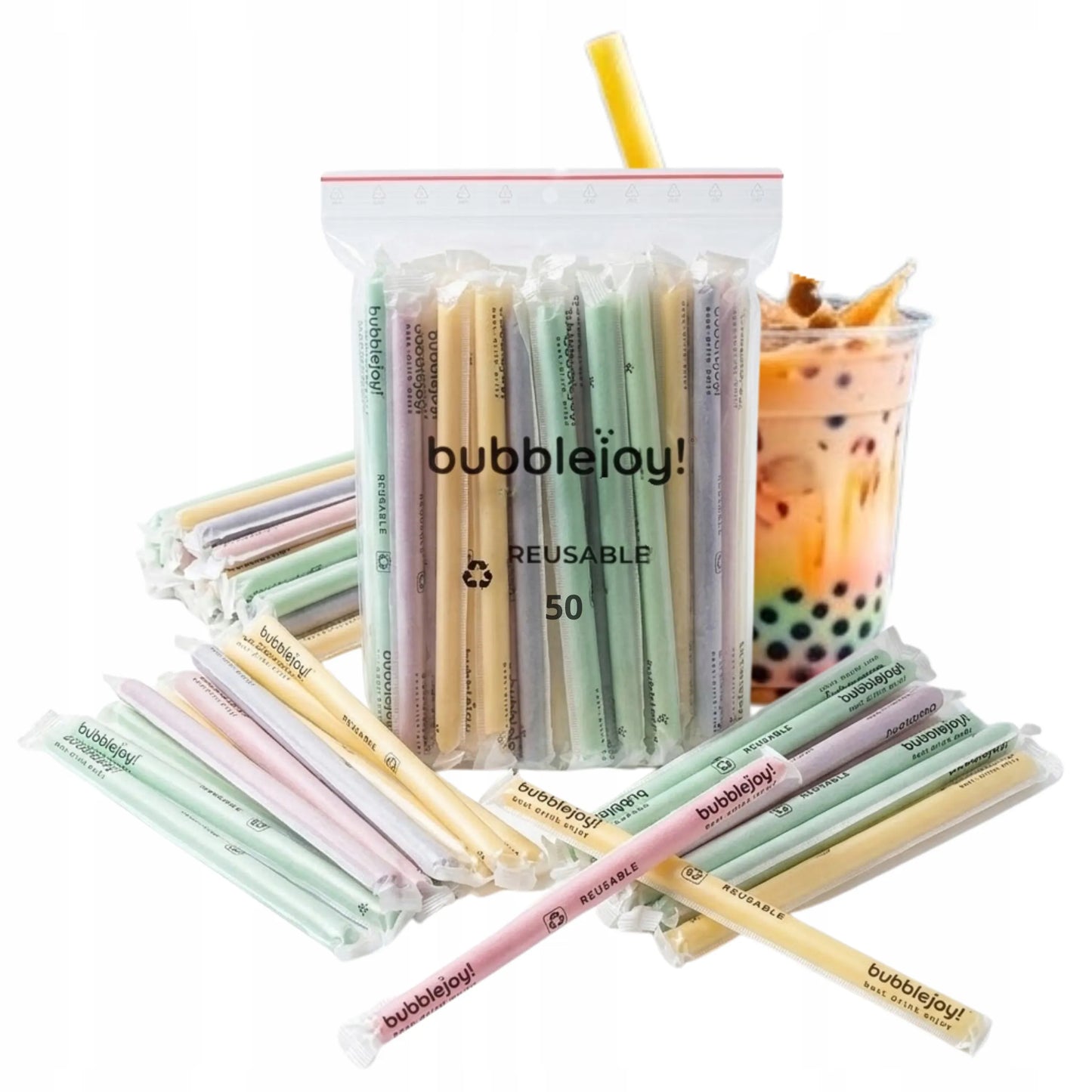 Daugkartinio naudojimo vaivorykštiniai šiaudeliai „Bubble Tea“, ekologiškas rinkinys 2x 50 vnt.