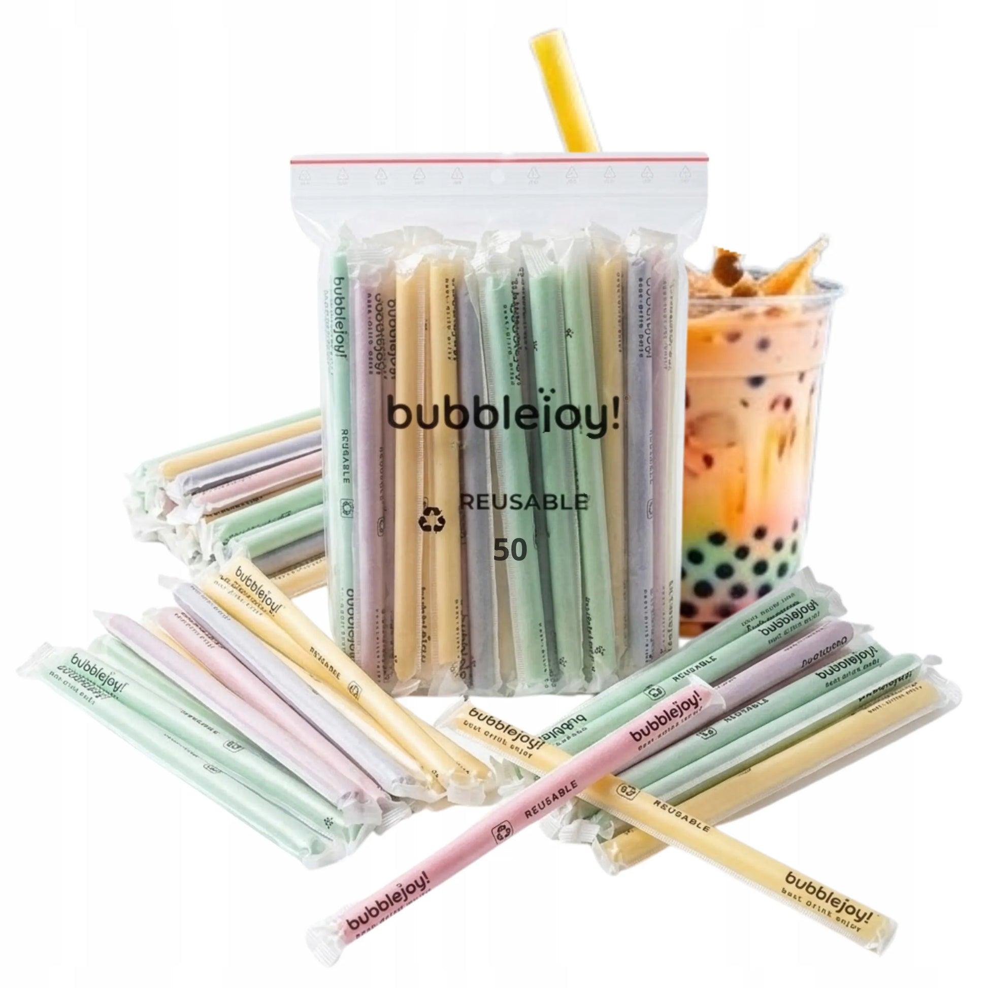 Daugkartinio naudojimo vaivorykštiniai šiaudeliai „Bubble Tea“, ekologiškas rinkinys 2x 50 vnt.