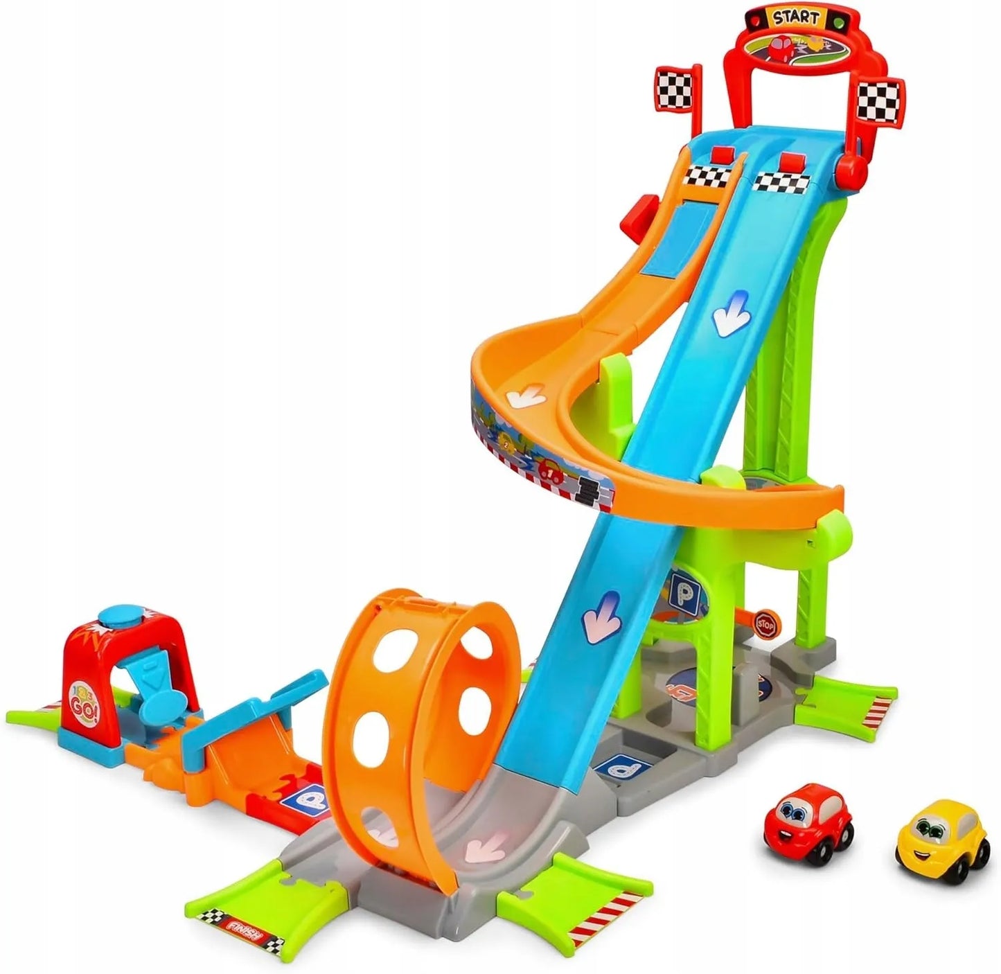 DICKIE TOYS ABC JAYS JUMP AND FUN TOWER didelis lenktynių trasos garažas su kilpa, paleidimo įrenginiu ir 2 automobiliais