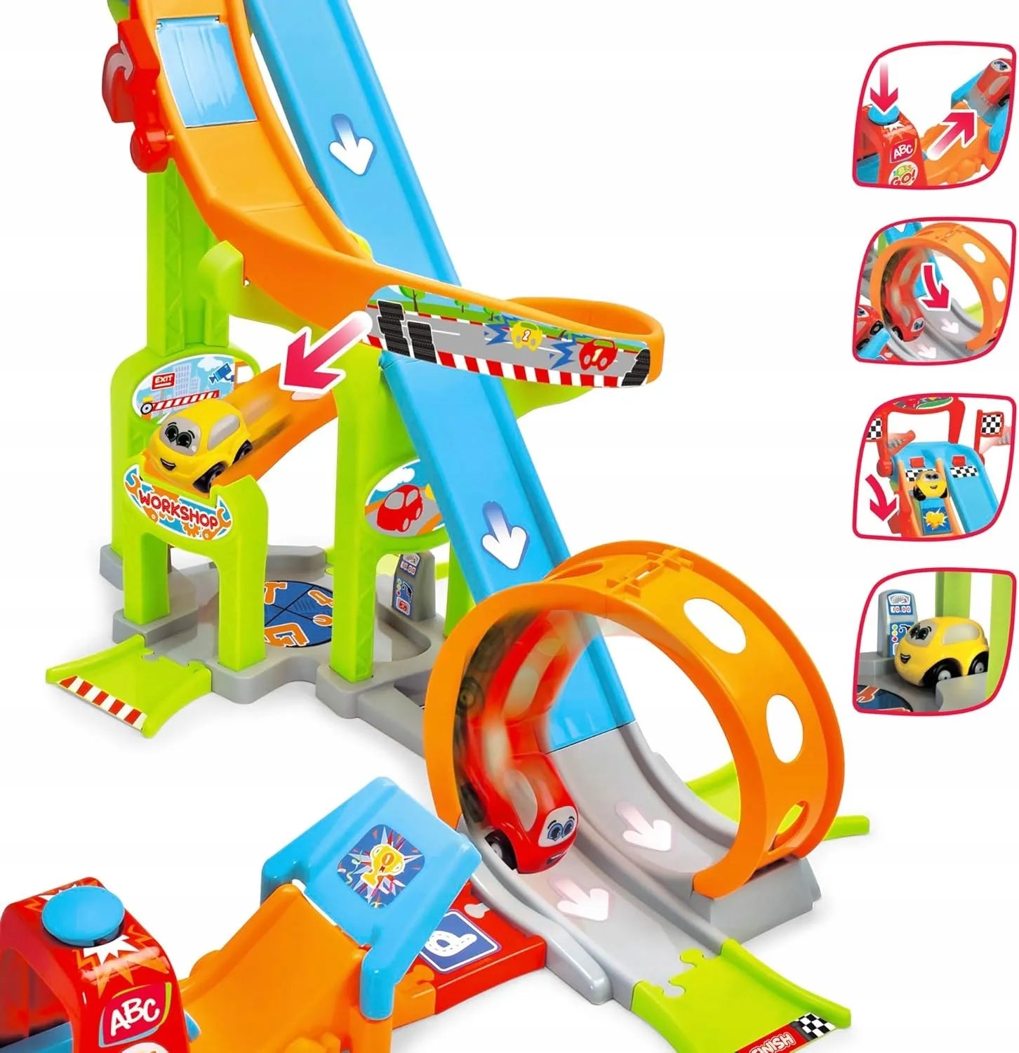 DICKIE TOYS ABC JAYS JUMP AND FUN TOWER didelis lenktynių trasos garažas su kilpa, paleidimo įrenginiu ir 2 automobiliais