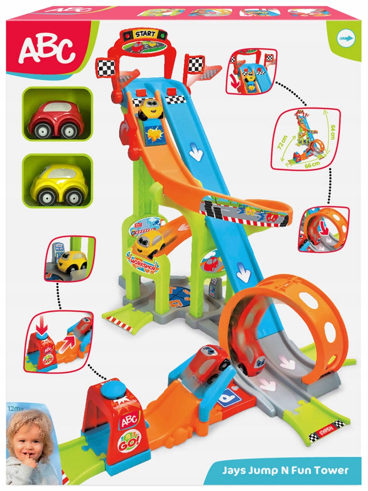 DICKIE TOYS ABC JAYS JUMP AND FUN TOWER didelis lenktynių trasos garažas su kilpa, paleidimo įrenginiu ir 2 automobiliais