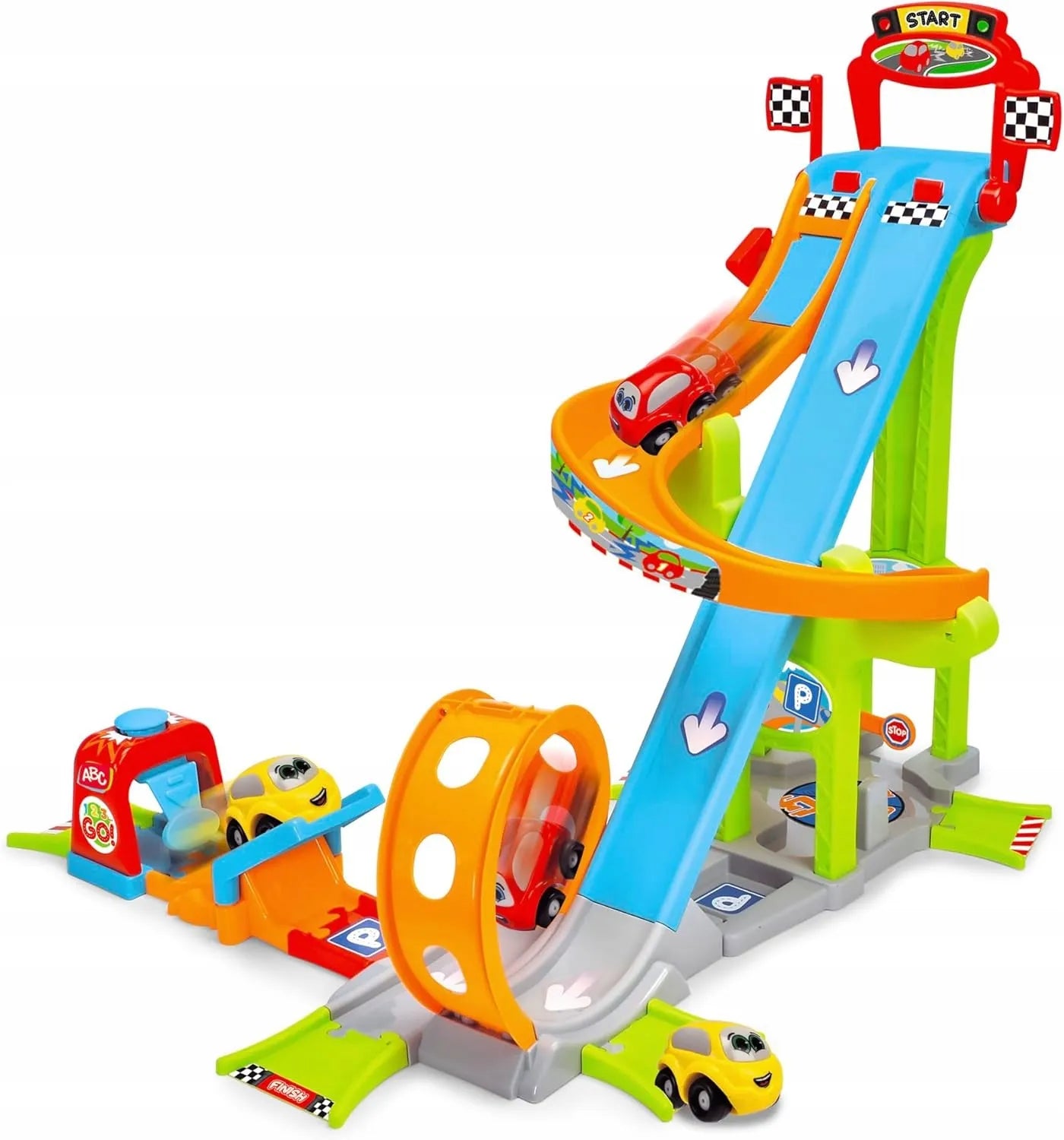 DICKIE TOYS ABC JAYS JUMP AND FUN TOWER didelis lenktynių trasos garažas su kilpa, paleidimo įrenginiu ir 2 automobiliais